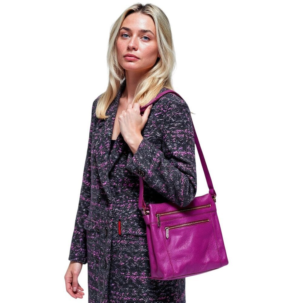 Danier Magenta Leather Crossbody Bag – Medium Zip Pocket Shoulder Purse